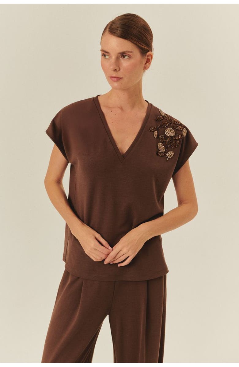 Exquise Oaklyn T-Shirt  Polished Embellished Cotton Tee, Alternate, color, Brown