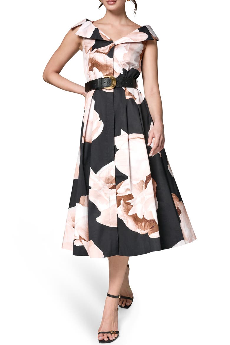 Floral Belted Stretch Fit & Flare Midi Dress, Main, color, BLACK MULTI
