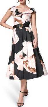 Donna Karan New York Floral Belted Stretch Fit & Flare Midi Dress