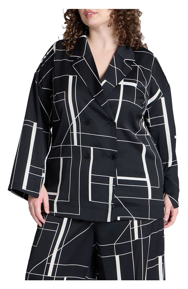 ELOQUII Double Breasted Oversized Shirt, Alternate, color, Geometric Lines Black