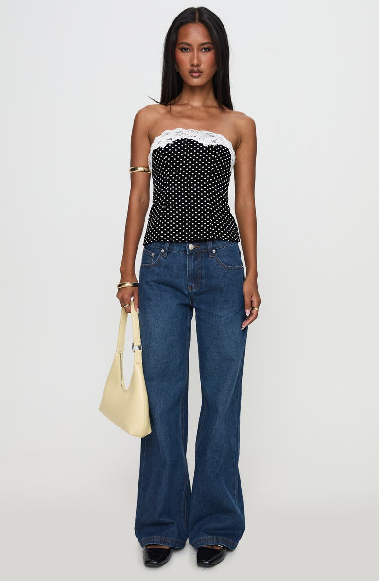 Princess Polly Ettore Lace Trim Polka Dot Strapless Top, Alternate, color, Black Polka