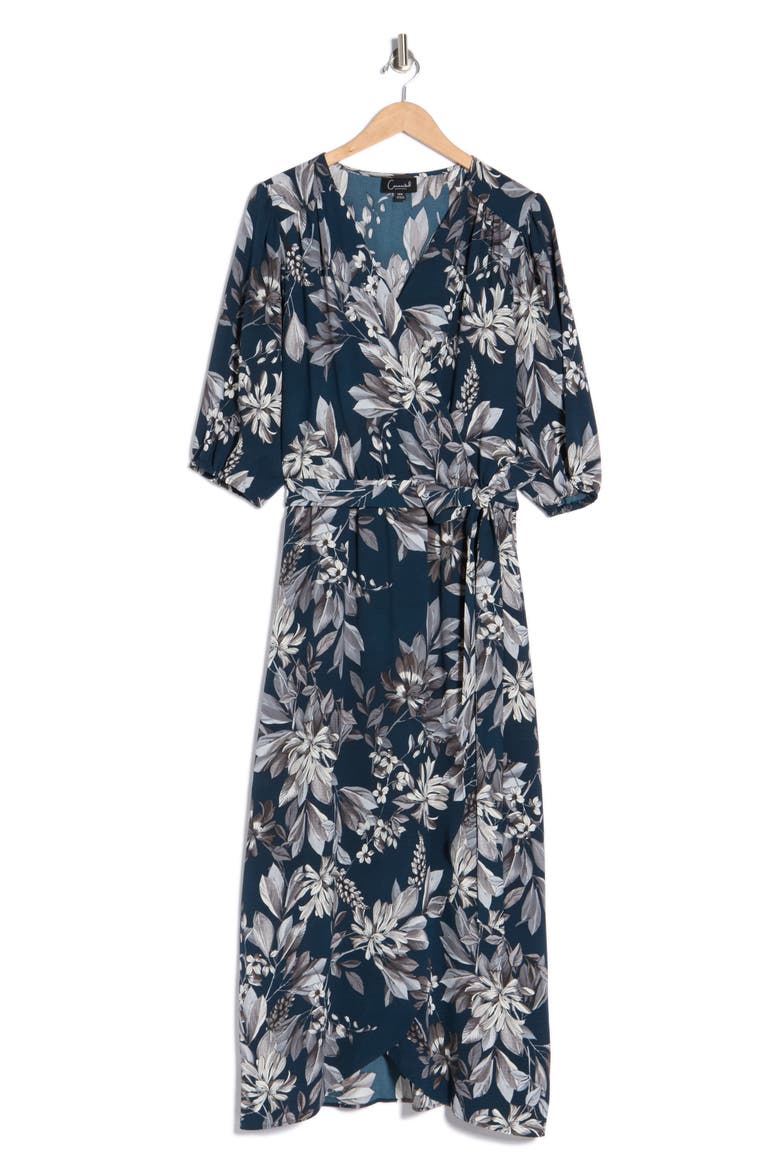 Floral Puff Sleeve Wrap Midi Dress, Alternate, color, DARK MALLARD