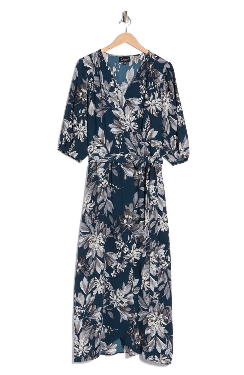 Connected Apparel Floral Puff Sleeve Wrap Midi Dress, Main, color, Dark Mallard