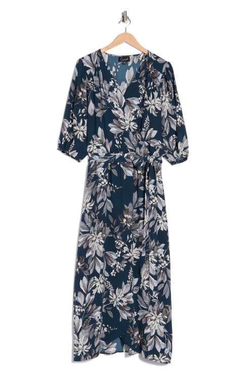 Floral Puff Sleeve Wrap Midi Dress (Plus)
