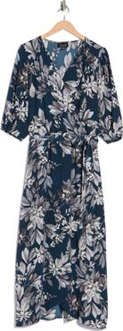 Connected Apparel Floral Puff Sleeve Wrap Midi Dress