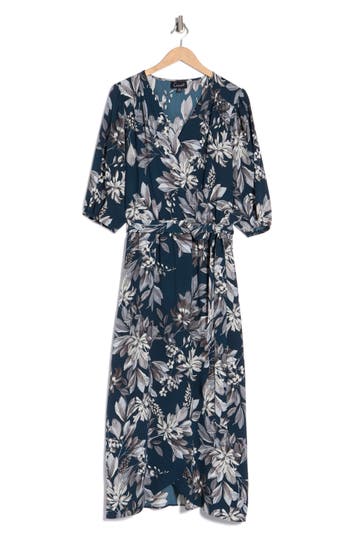 Connected Apparel Floral Puff Sleeve Wrap Midi Dress In Green