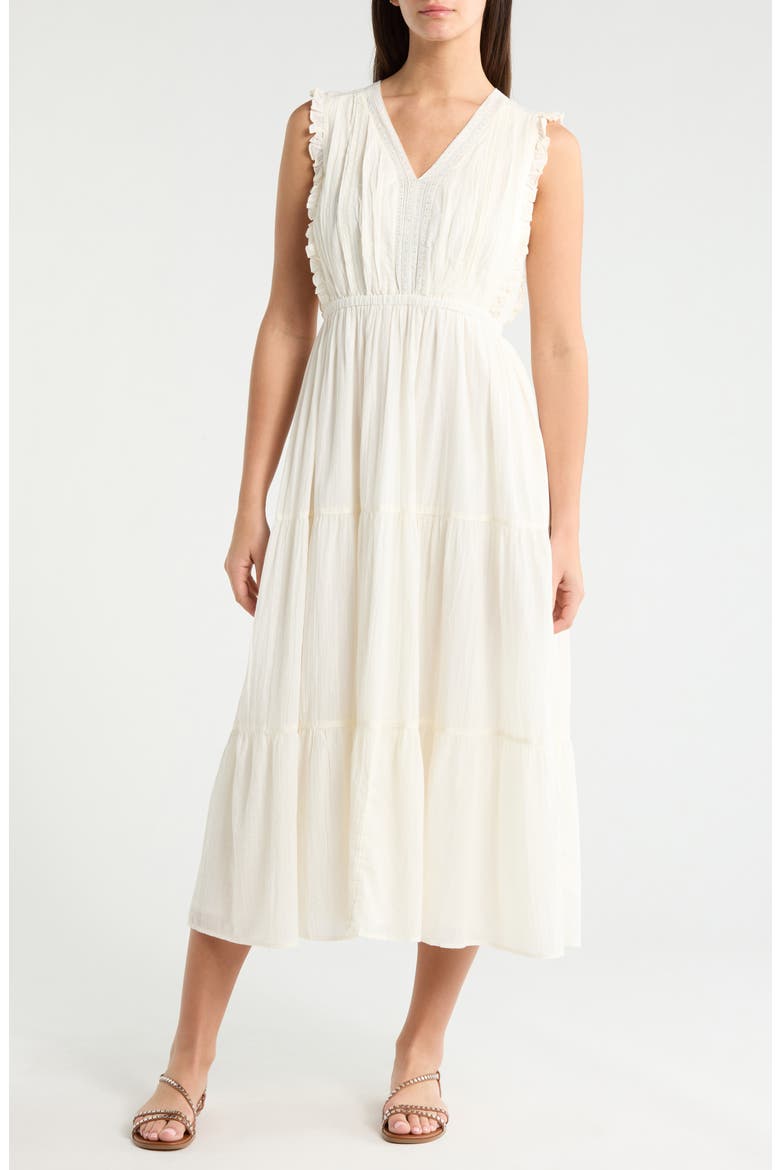 Lace Detail Tiered Cotton Midi Dress, Main, color, WHISPER WHITE