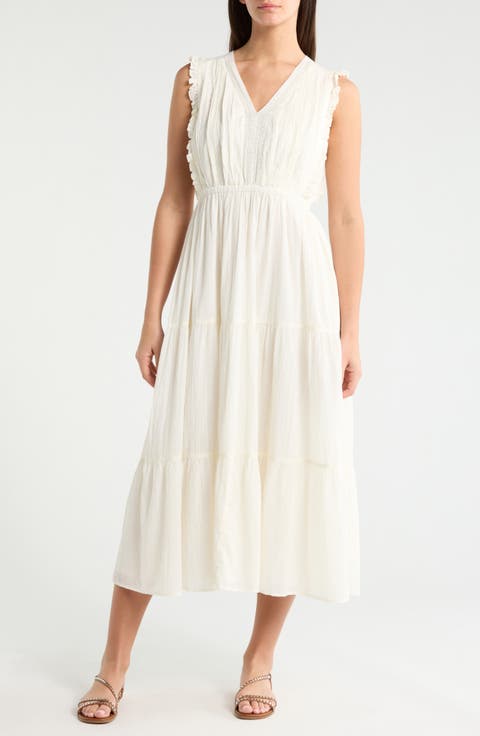Lace Detail Tiered Cotton Midi Dress