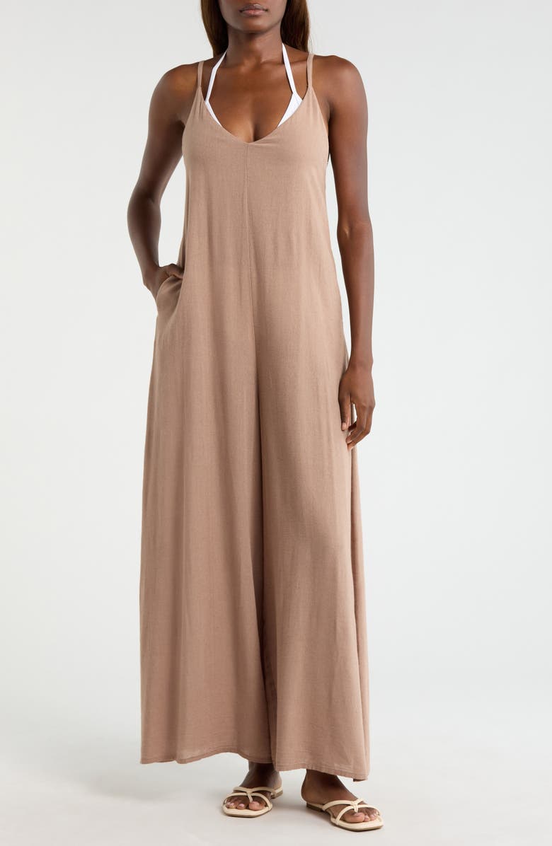 Elan Wide Leg Cotton & Linen Blend Cover-Up Jumpsuit, Main, color, Brown
