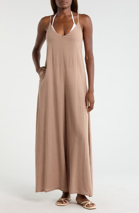 Wide Leg Cotton & Linen Blend Cover-Up Jumpsuit