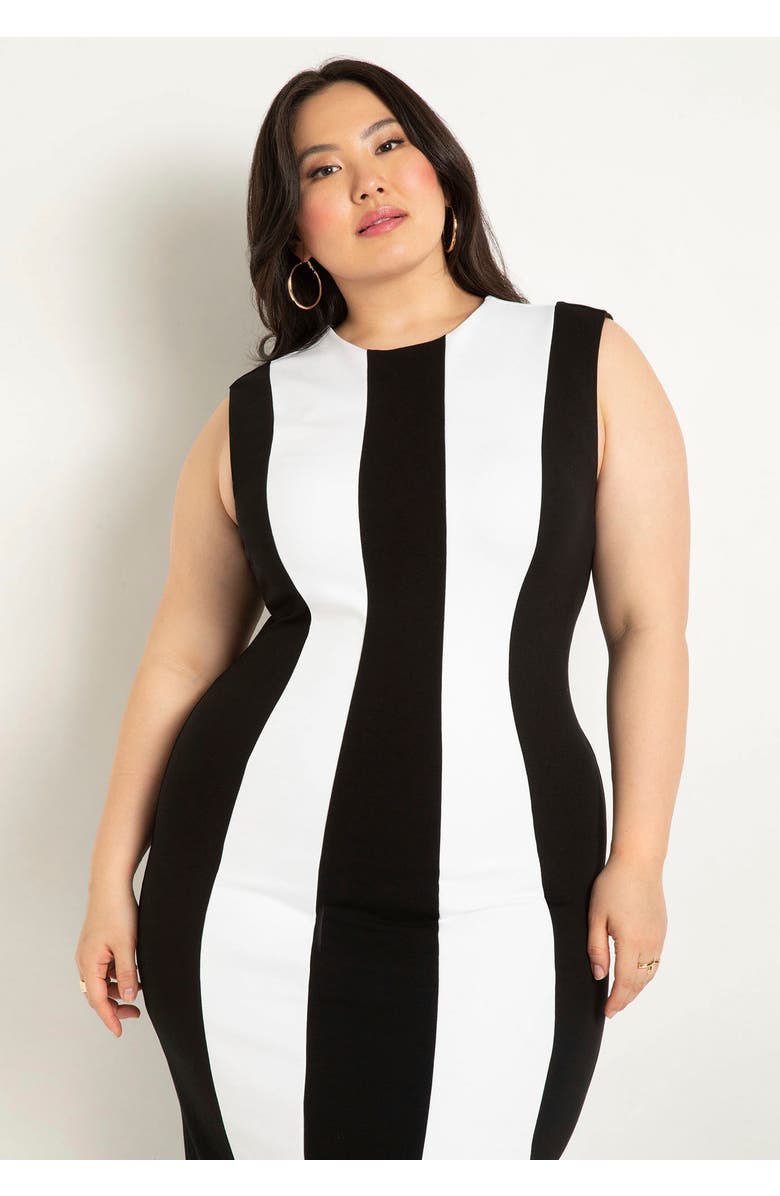 ELOQUII Striped Knit Maxi Dress, Alternate, color, Black Onyx Bright White