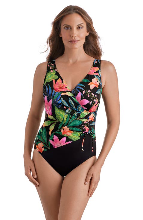 Shirred Faux Tie Surplice Extra Long Torso One-Piece Swimsuit