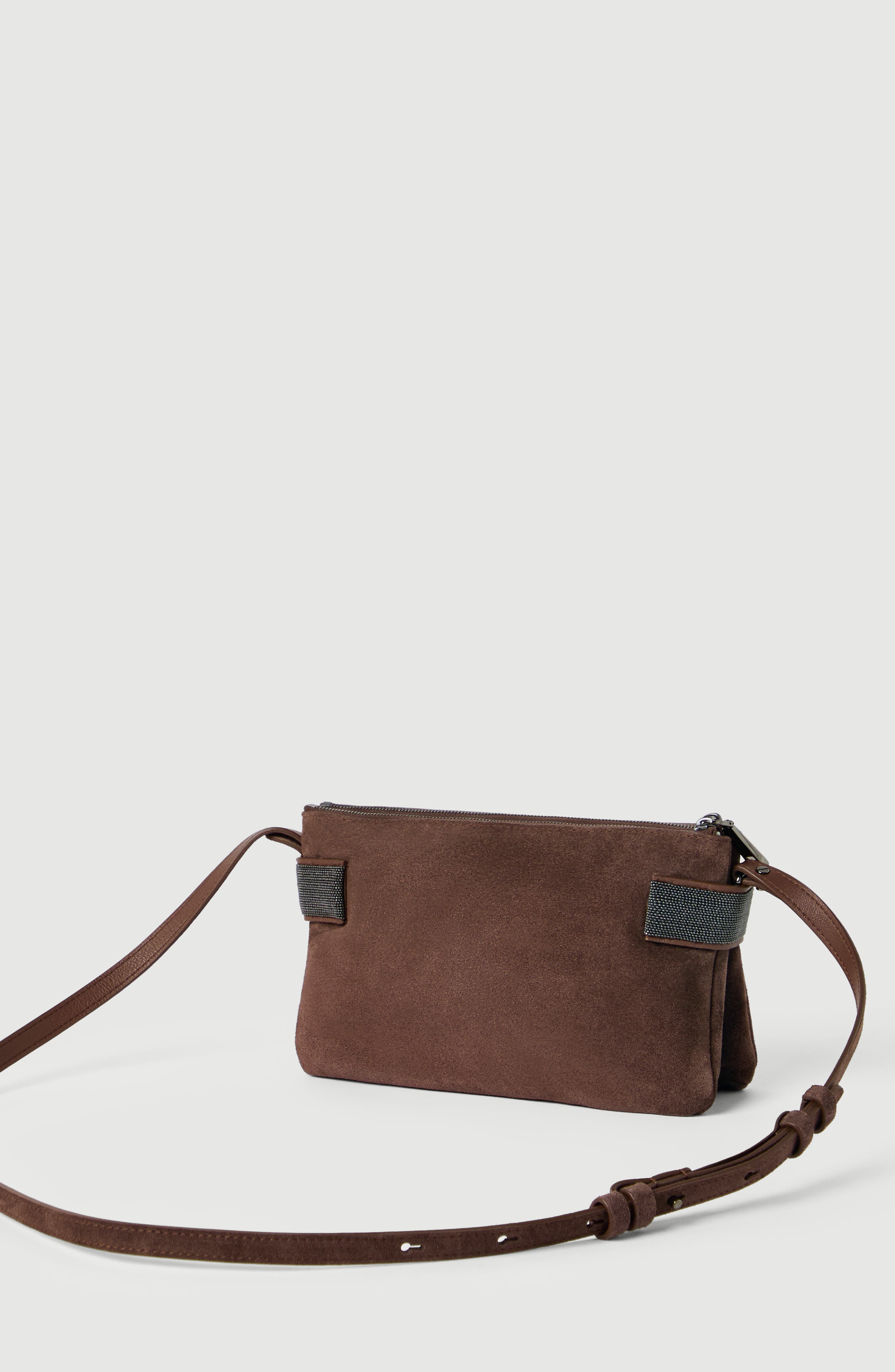Essence mini shoulder bag in suede with precious bands, Alternate, color, Burgundy