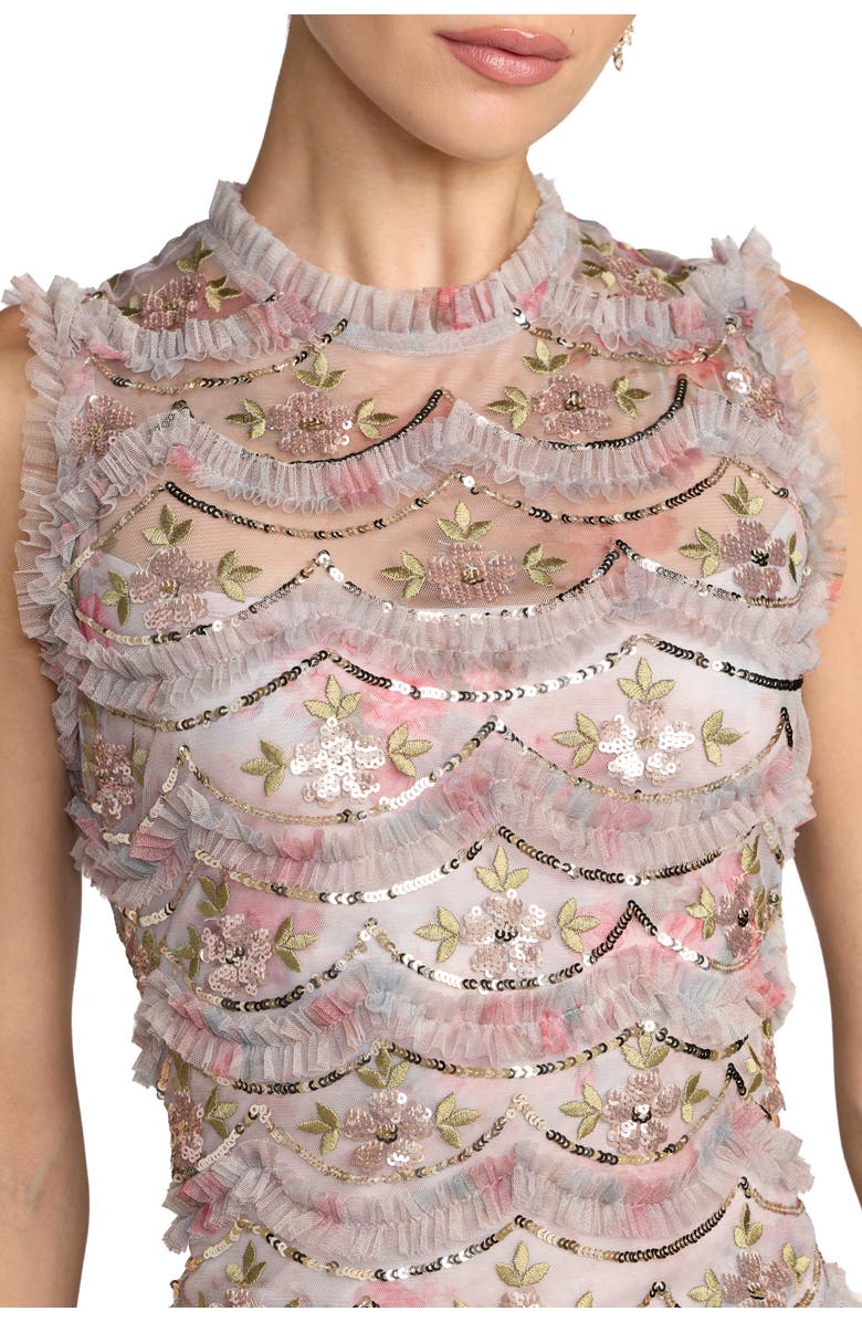 Mac Duggal Sleeveless Sequin Tiered Ruffle Midi Dress, Alternate, color, Pastel Multi