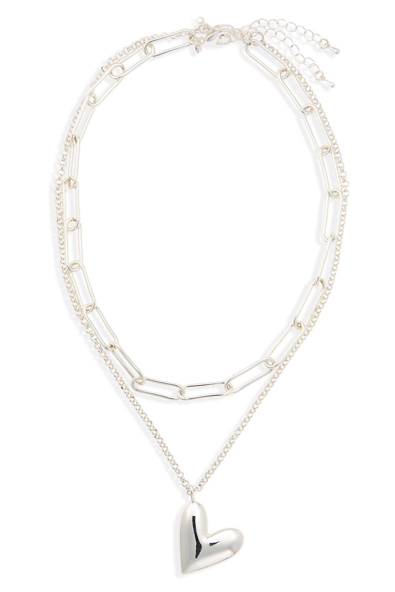 Puffy Heart Layered Necklace, Main, color, SILVER