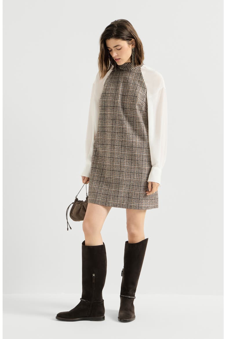 Checked alpaca and wool dress with monili, Alternate, color, Brown