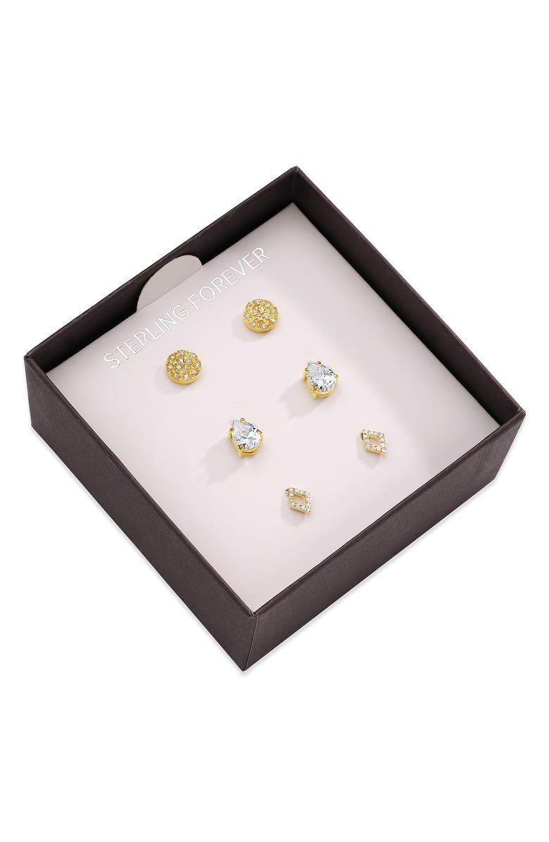 Sterling Forever Set of 3 14K Yellow Gold Vermeil Cubic Zirconia Geometric Stud Earrings, Alternate, color, Gold