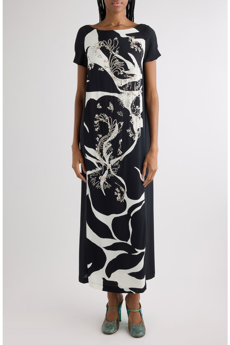 Giant Floral Print Crystal Embellished Dress, Main, color, BLACK