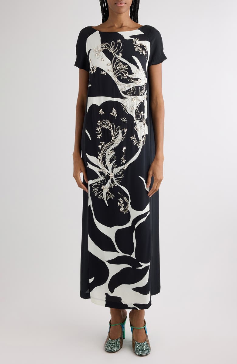 Dries Van Noten Giant Floral Print Crystal Embellished Dress, Main, color, Black