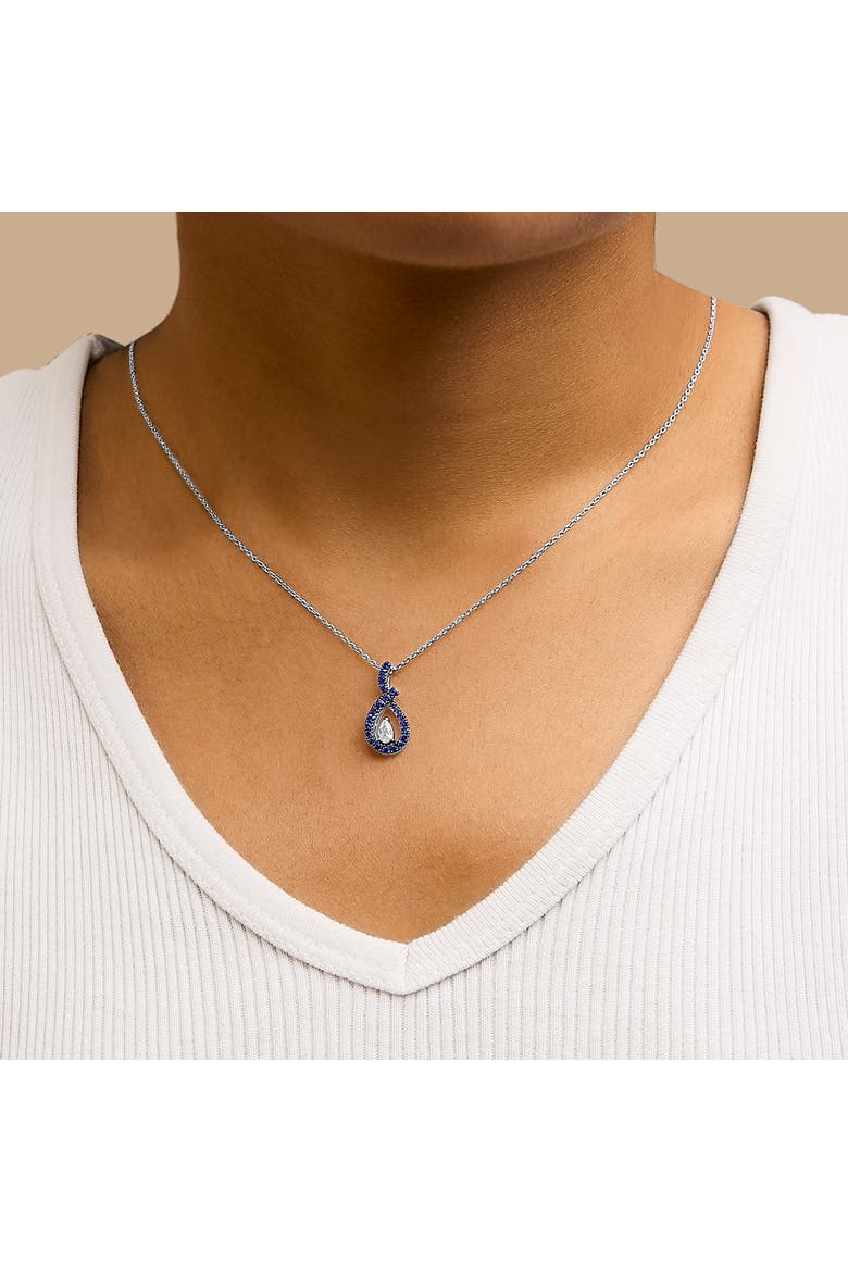 Silver Created Blue and White Sapphire Teardrop Shaped Pendant Necklace, Alternate, color, White