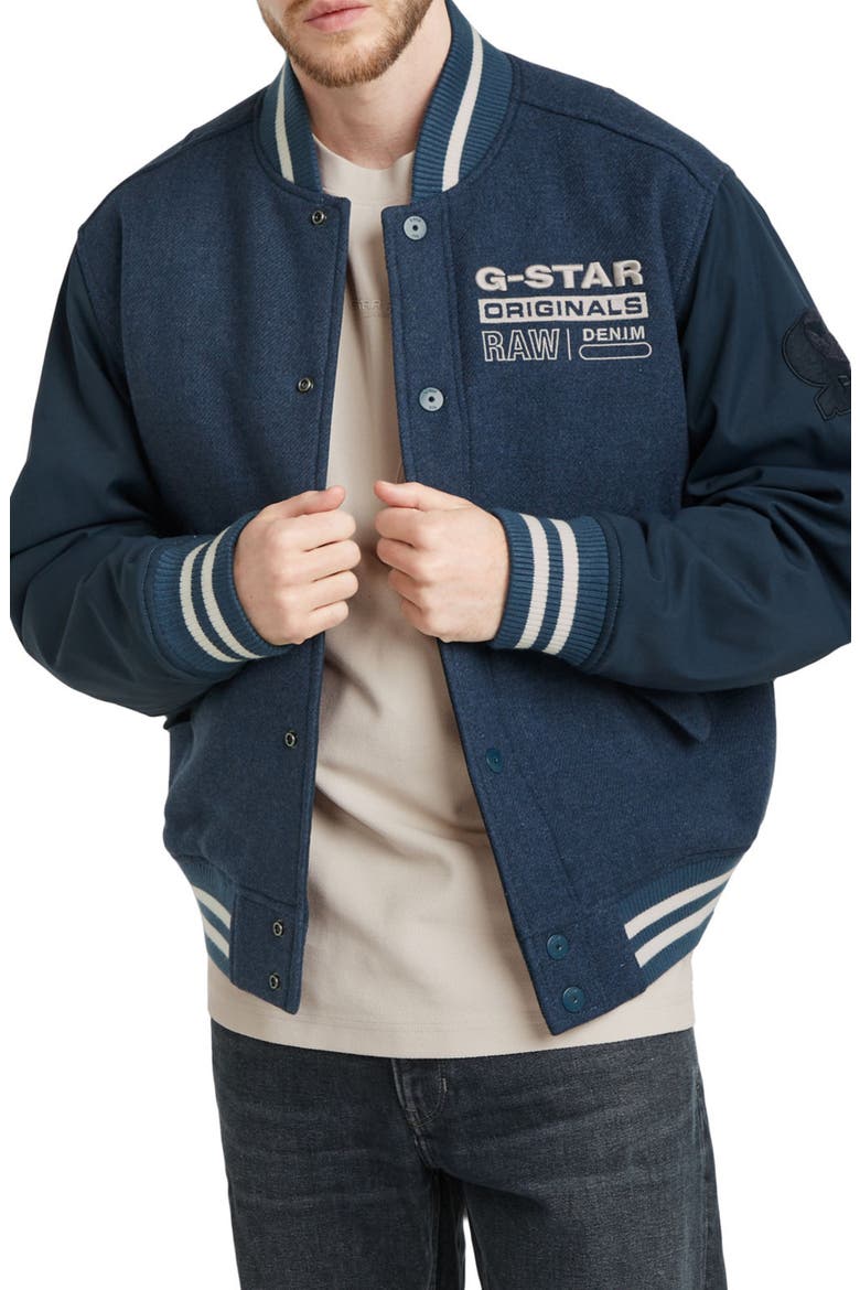 Varsity Recycled Wool Blend Jacket, Main, color, RANK BLUE