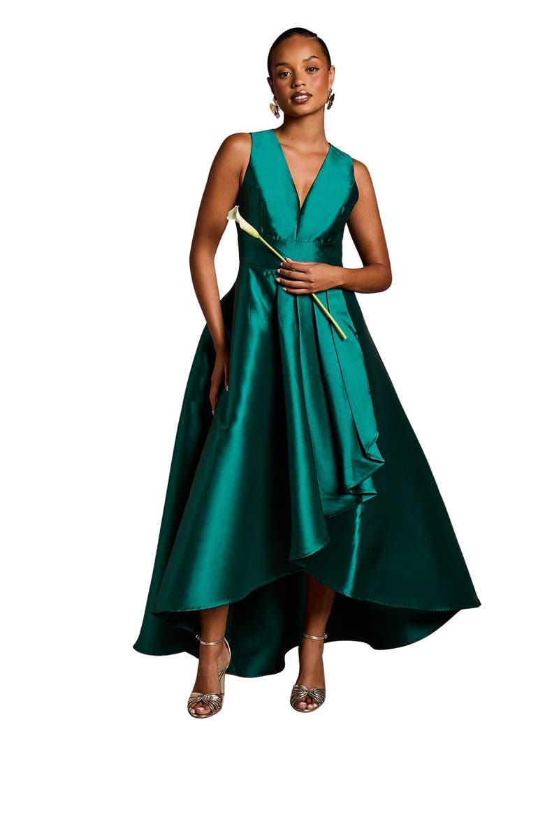 Petite Plunge Waterfall Twill Dress, Main, color, Emerald