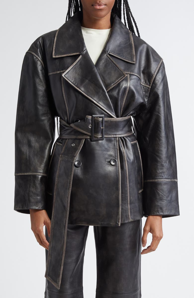 Stand Studio Willow Belted Double Breasted Leather Jacket, Main, color,