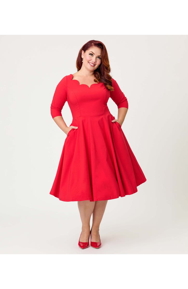 Unique Vintage Plus Size Scalloped Neck Swing Dress, Main, color, Red Solid