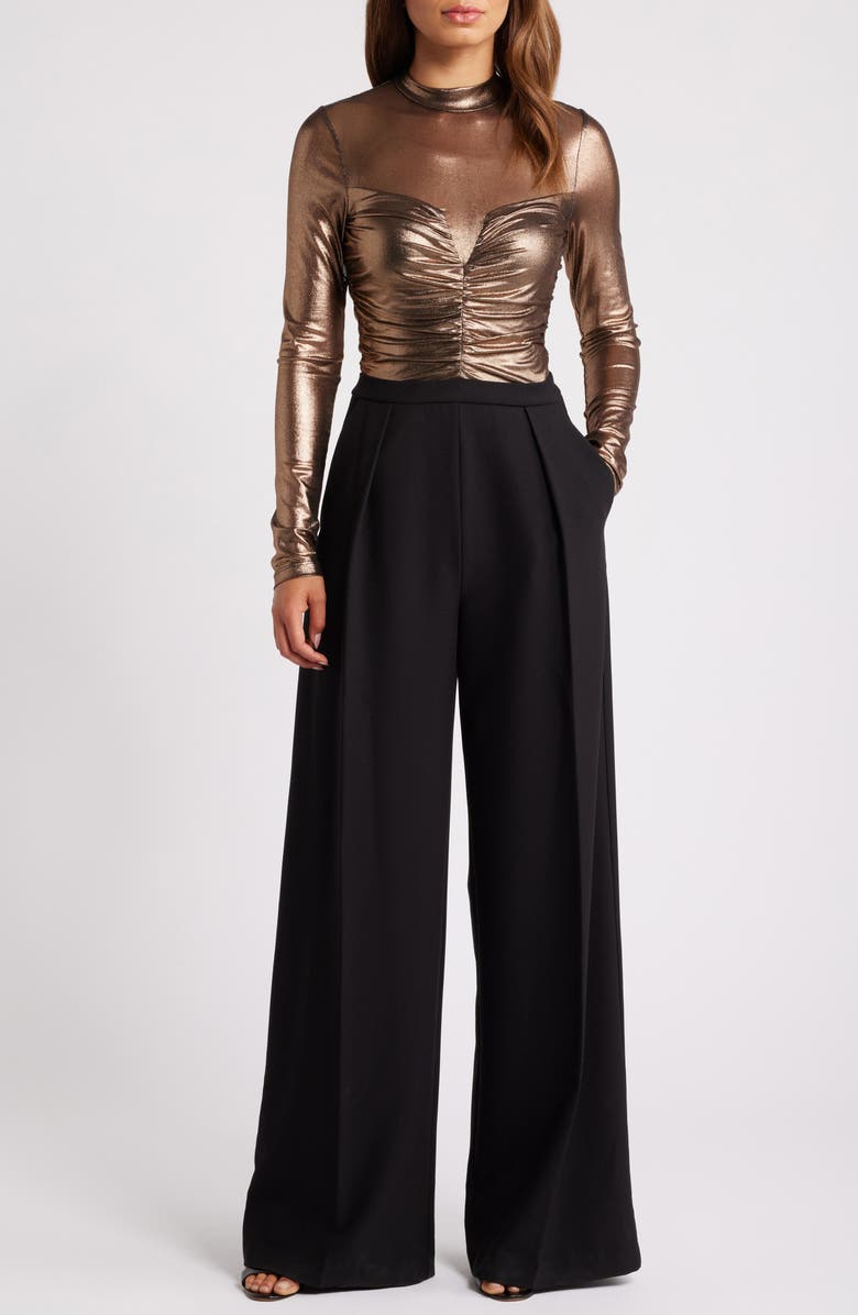 Black Halo Leonarda Bronze Bodice Crepe Back Satin Wide Leg Jumpsuit, Main, color, 