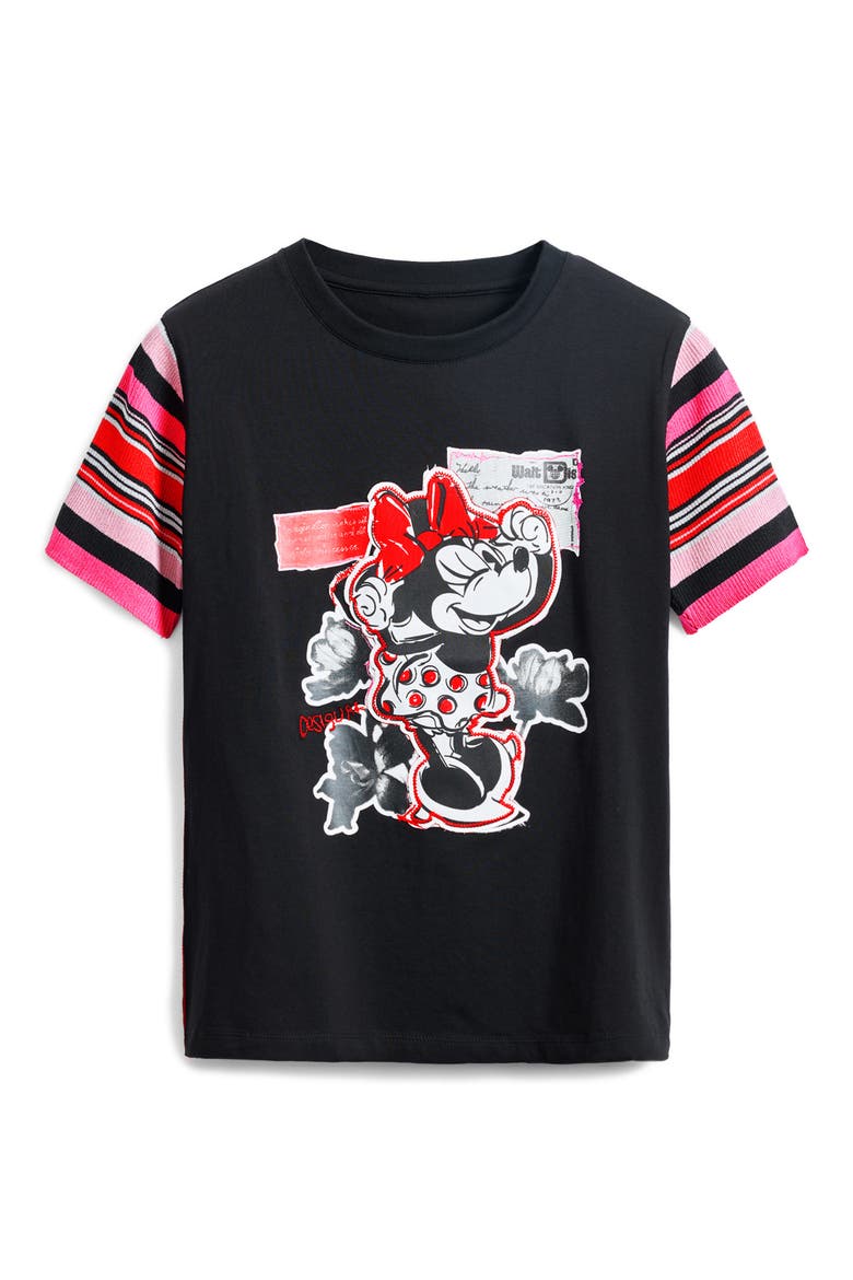 Minnie Mouse Stripe Sleeve Graphic T-Shirt, Alternate, color, BLACK