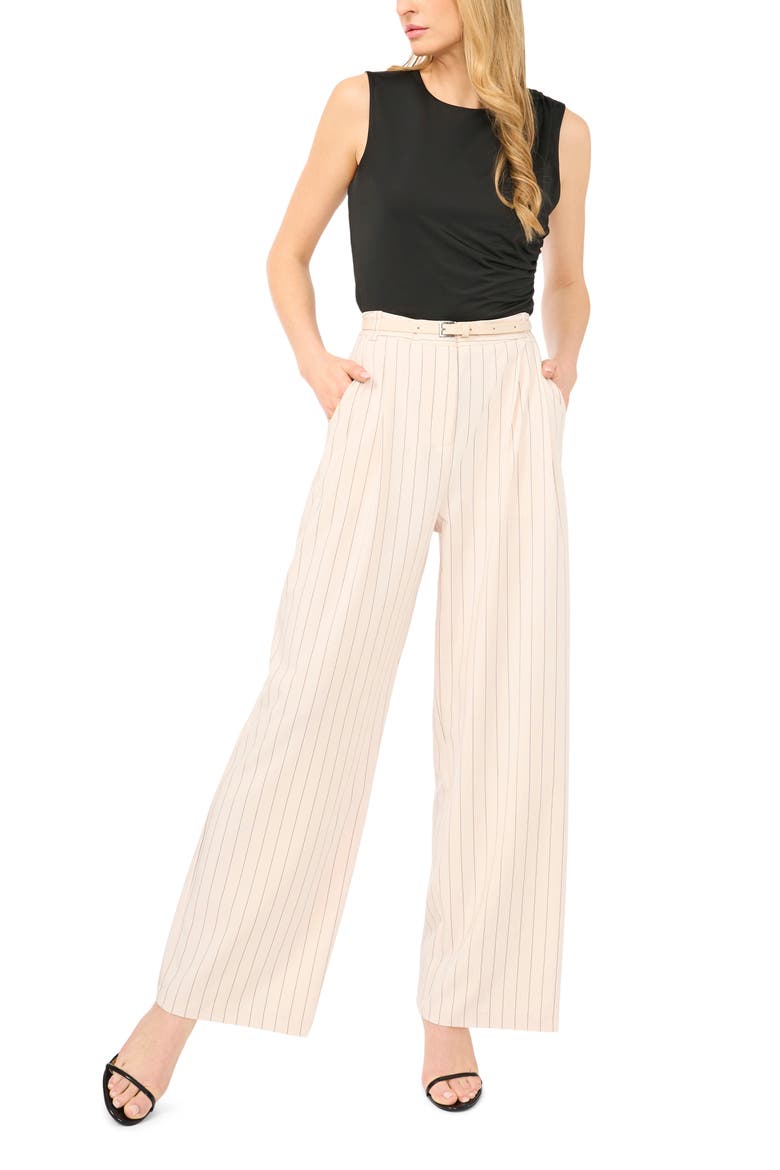 Belted Pleated High Waist Wide Leg Pants, Alternate, color, BIRCH