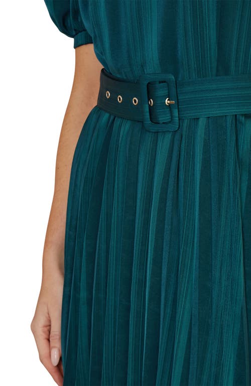 Yumi Satin Pleated Stripe Midi Dress In Green