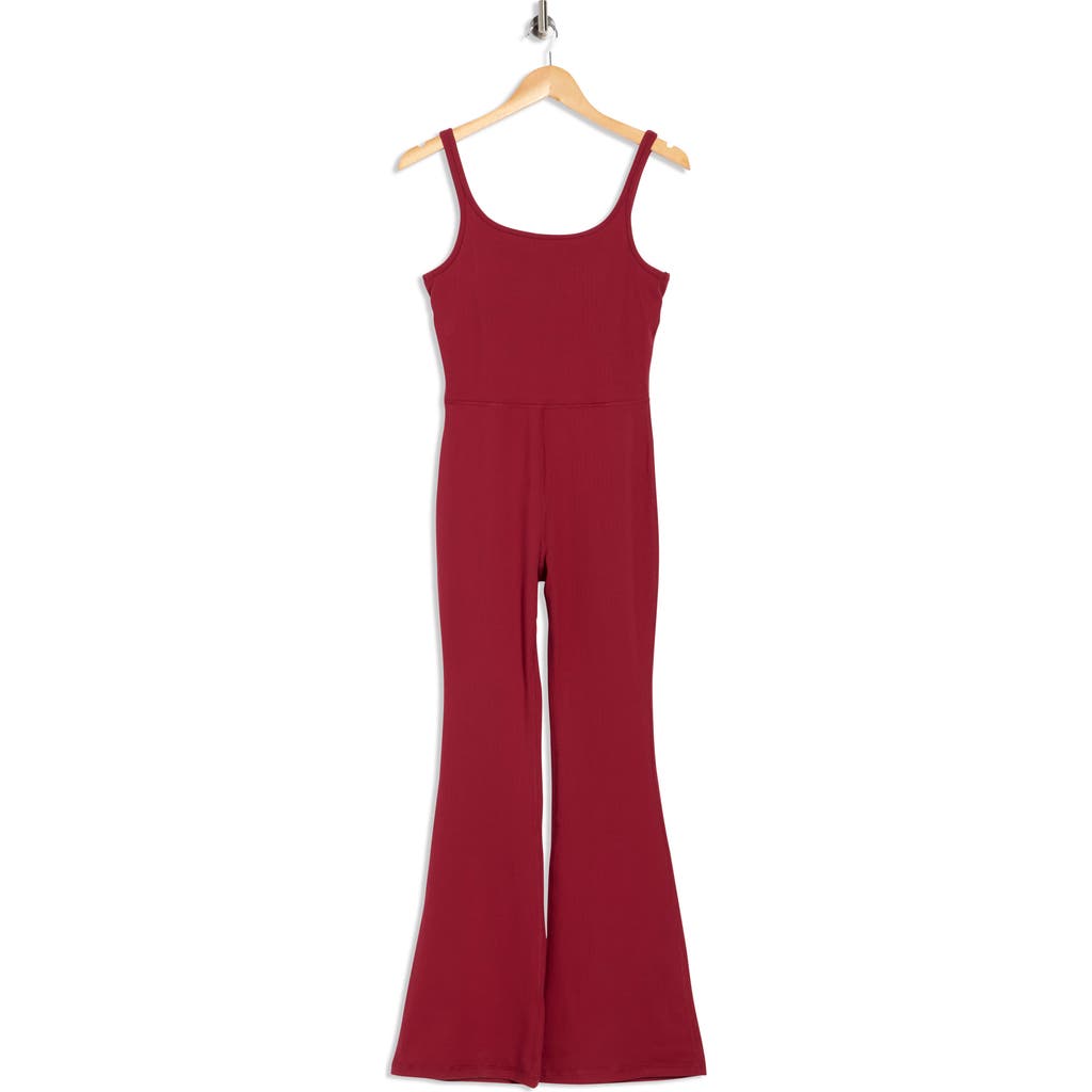 Yogalicious Felix Lux Ribbed Flare Leg Jumpsuit In Red
