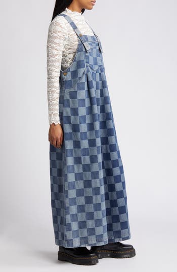 Checkerboard Wide Leg Denim Overalls