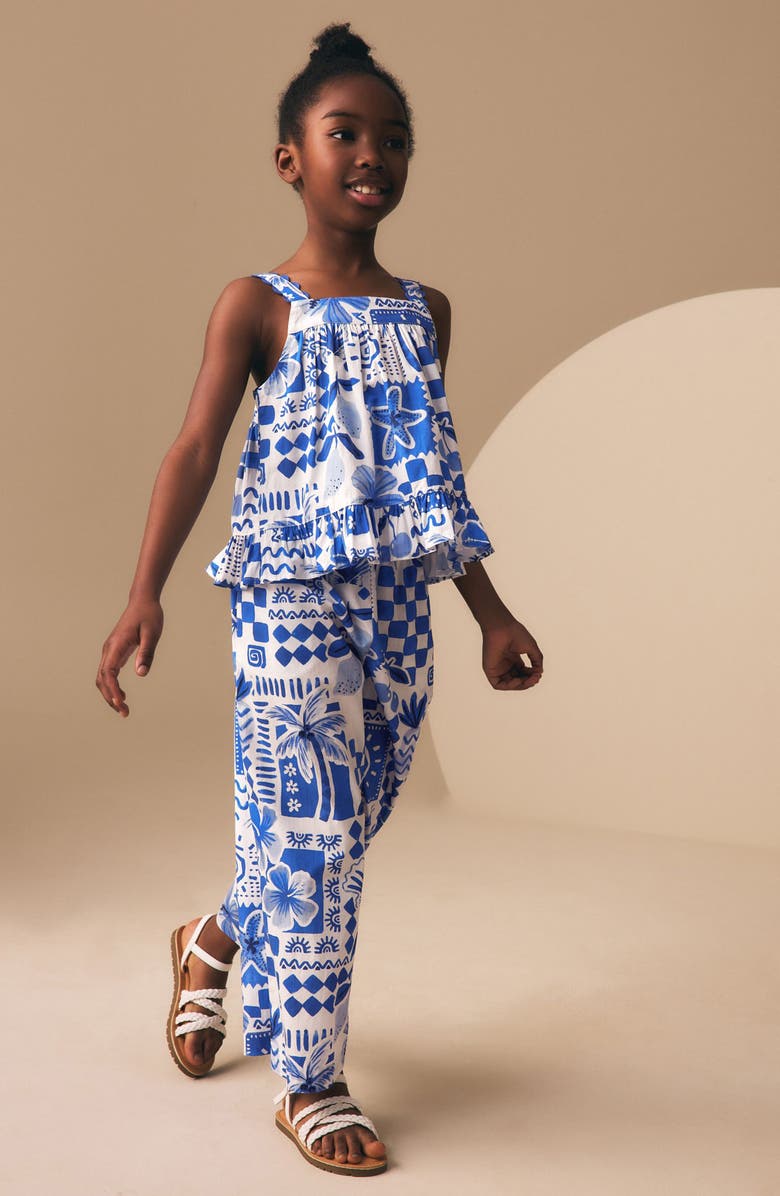NEXT Kids' Tile Print Cotton Tank & Wide Leg Pants Set, Alternate, color, Blue