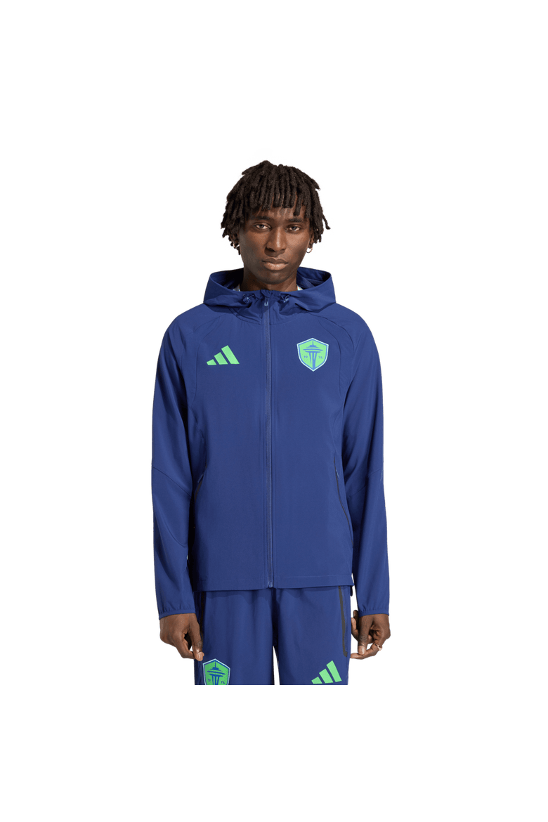 Men's adidas  Navy Seattle Sounders FC Tiro Travel Full-Zip Hooded Windbreaker, Main, color, Navy