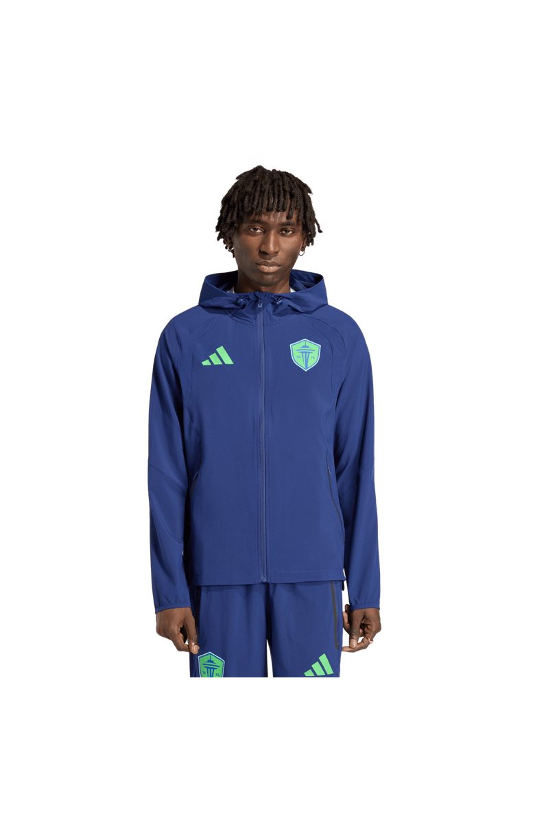 adidas Men's adidas  Navy Seattle Sounders FC Tiro Travel Full-Zip Hooded Windbreaker, Main, color, Navy
