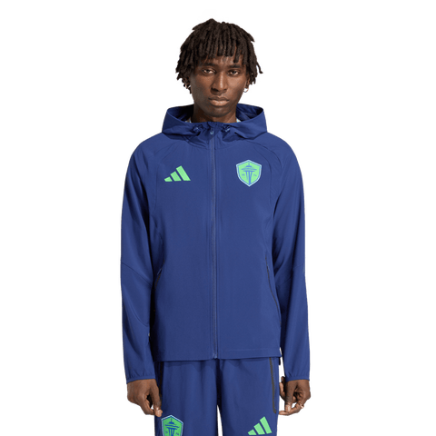 Men's adidas  Navy Seattle Sounders FC Tiro Travel Full-Zip Hooded Windbreaker