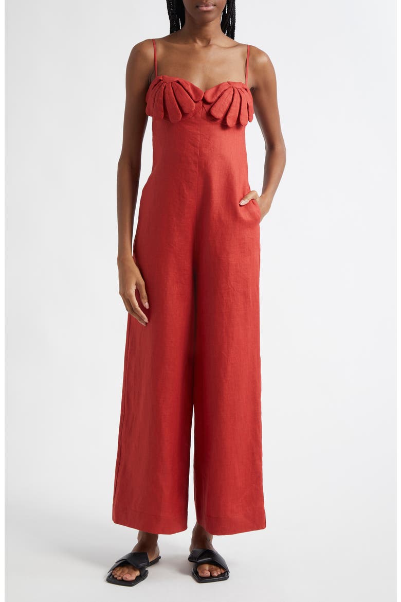 Red Petals Cup Wide Leg Linen Jumpsuit, Main, color, RED