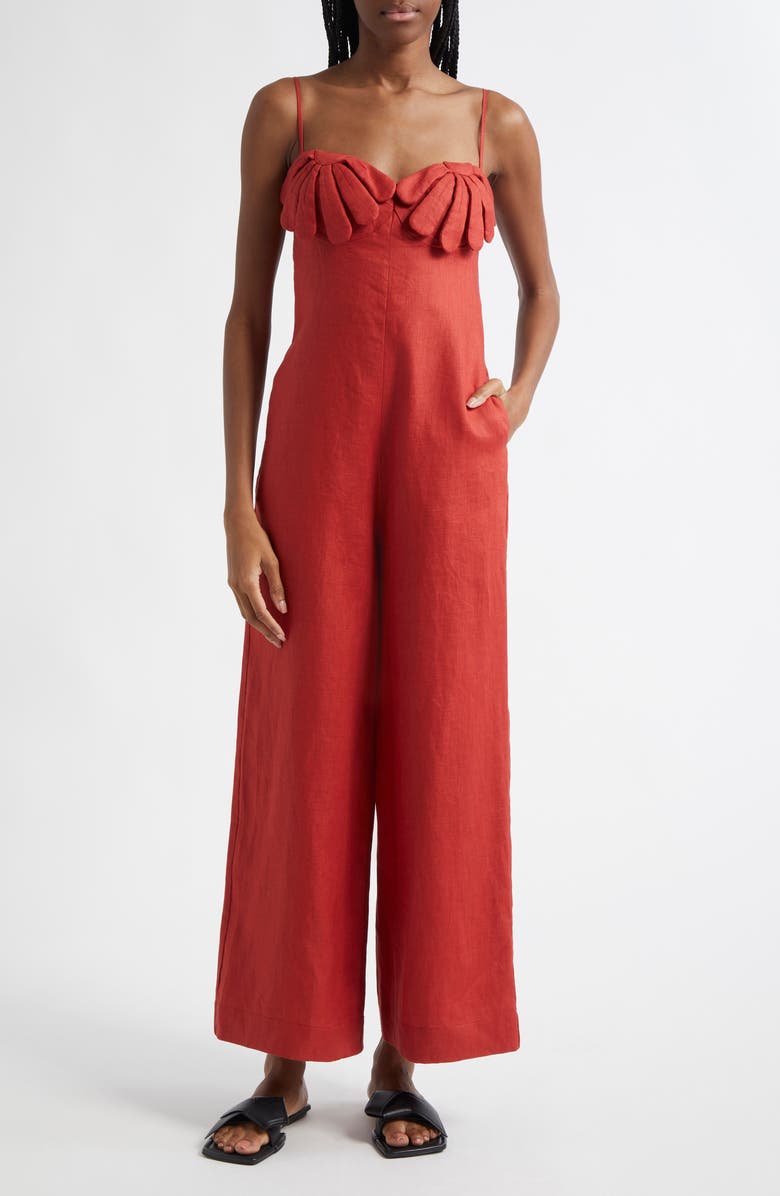 FARM Rio Red Petals Cup Wide Leg Linen Jumpsuit, Main, color, 