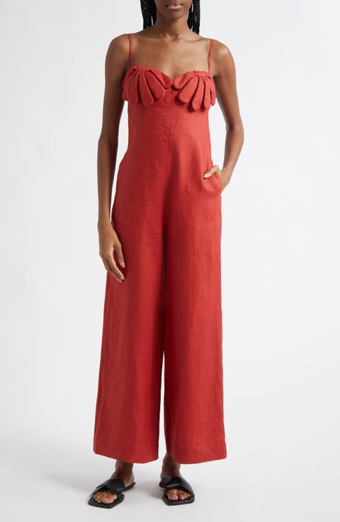 Red Petals Cup Wide Leg Linen Jumpsuit