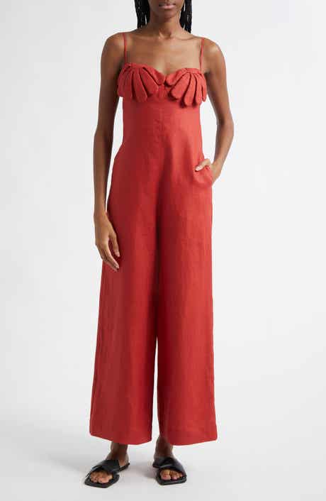 FARM Rio Red Petals Cup Wide Leg Linen Jumpsuit