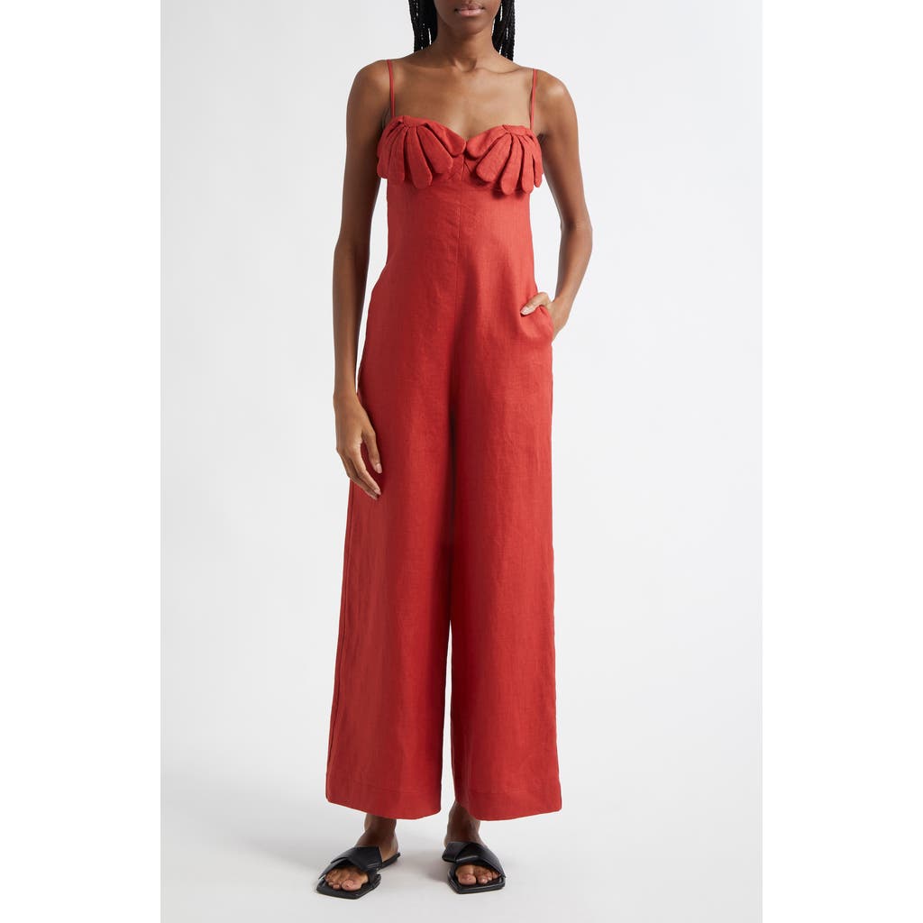 Farm Rio Red Petals Cup Wide Leg Linen Jumpsuit In Red