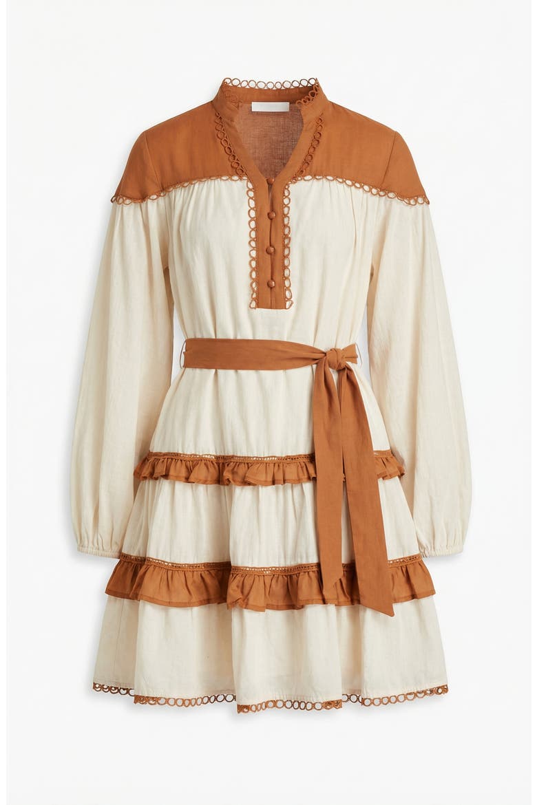 Contrast Trim Mini Dress with Waist Tie and Tiered Skirt, Alternate, color, Off-White / Black