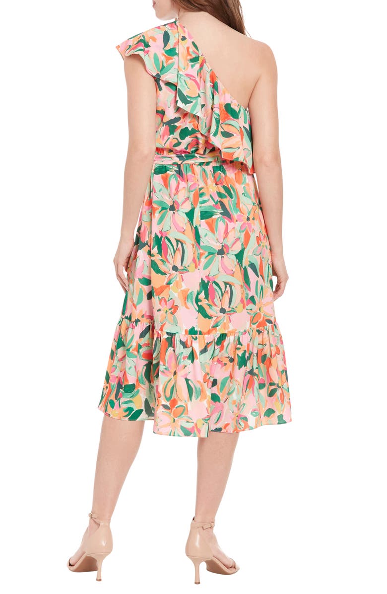 London Times Floral Print Ruffle Tie Waist One-Shoulder Midi Dress, Alternate, color, 