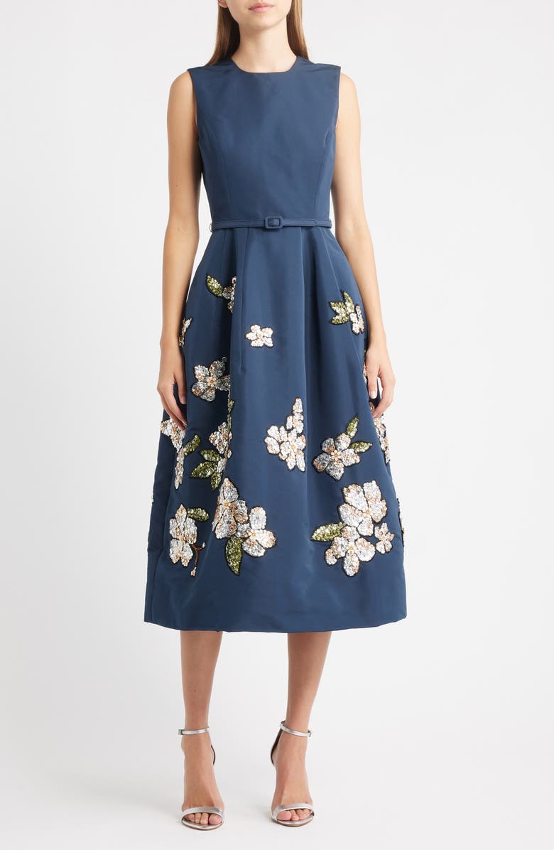 Oscar de la Renta Sequin Floral Embroidered Belted Cocktail Dress, Alternate, color, Navy