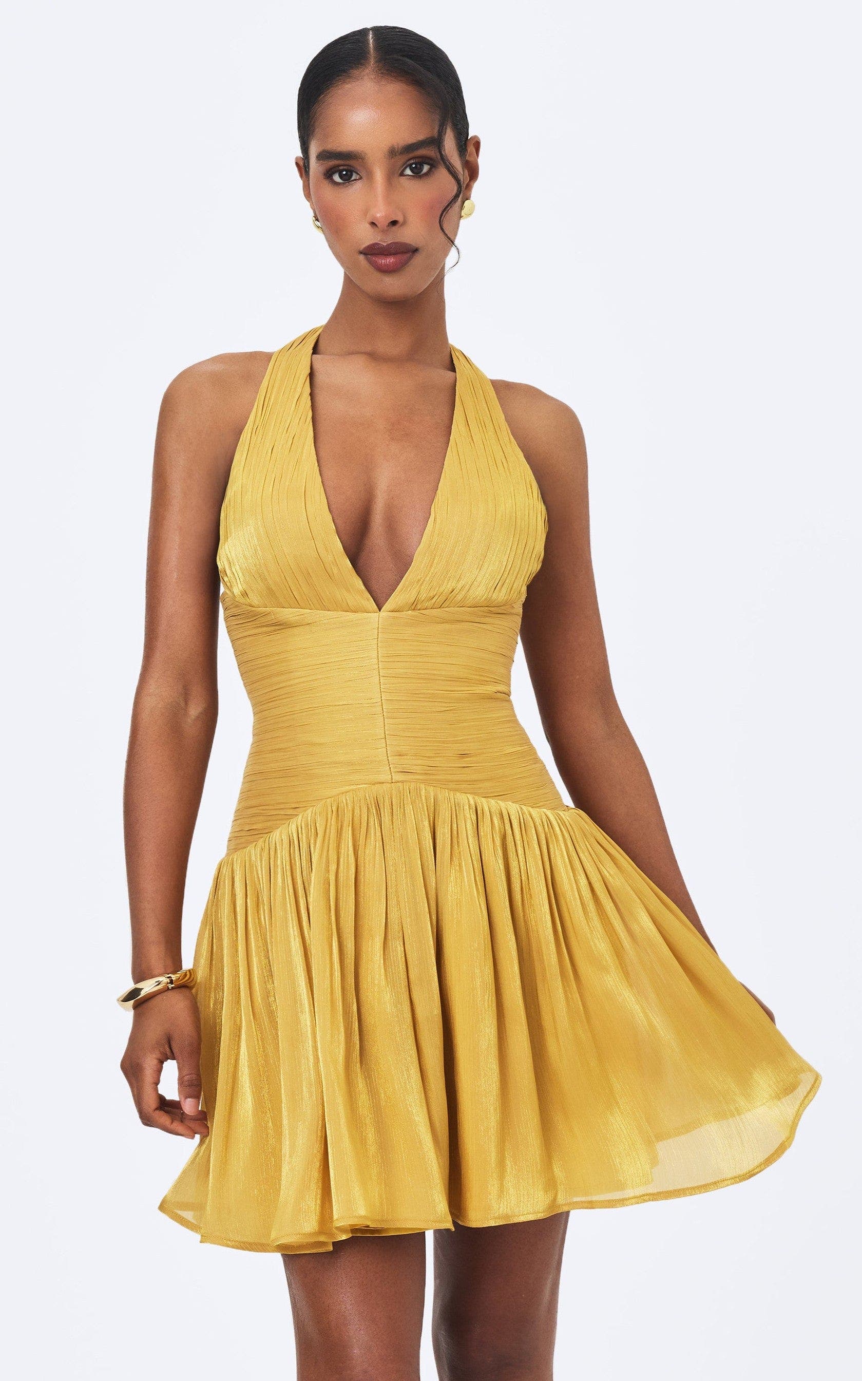 Miss Circle Xavia Crystal Organza Plunging Halter Mini Dress In Gold
