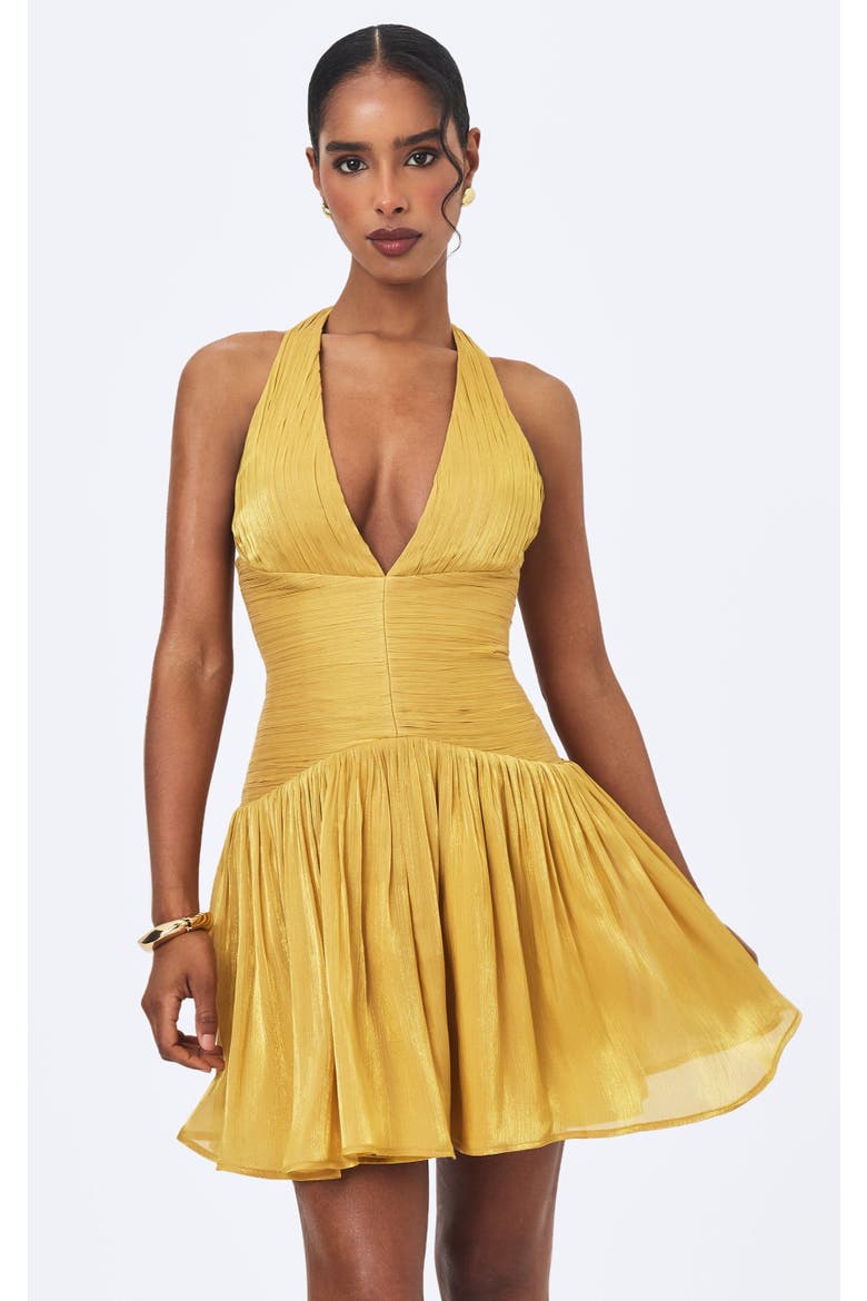 Xavia Crystal Organza Plunging Halter Mini Dress, Main, color, Gold