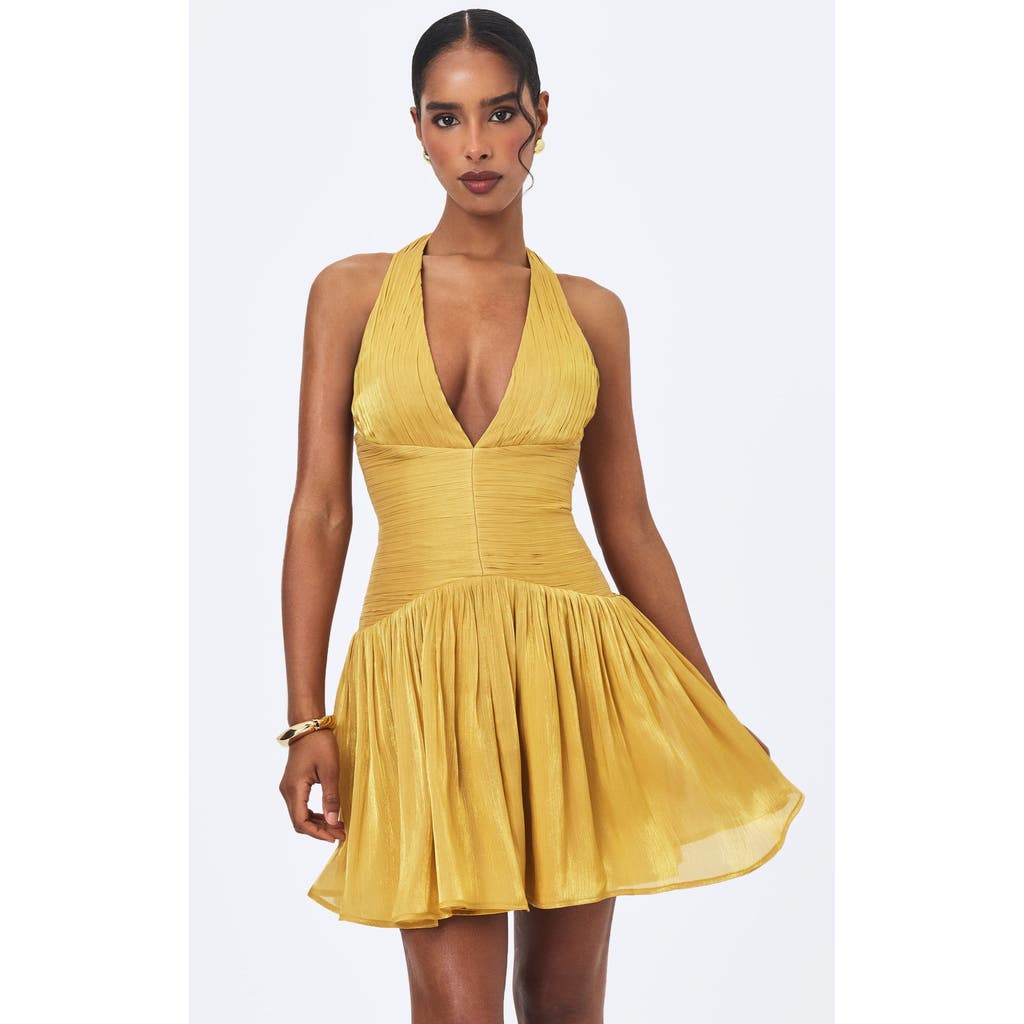 Miss Circle Xavia Crystal Organza Plunging Halter Mini Dress In Gold