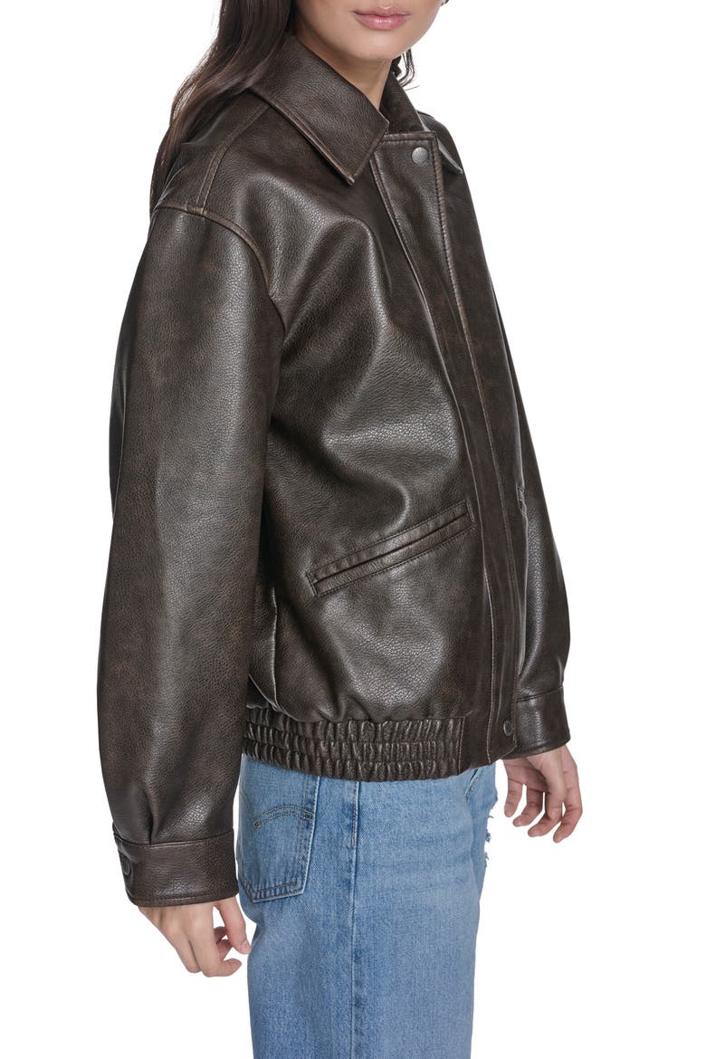 Relaxed Faux Leather Bomber Jacket, Alternate, color, BROWN